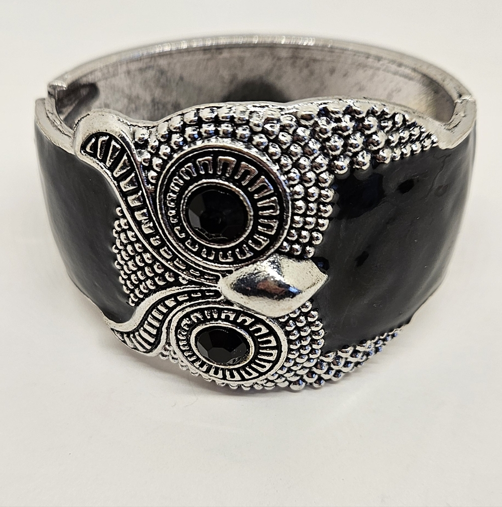 Owl Face Head Enamel Clamper Bangle Bracelet  Silver Black Bird Of Prey